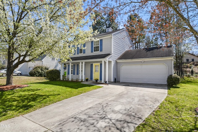 traditional-style house with a garage, concrete driveway, a front lawn, and a chimney