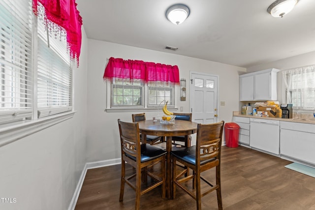 dining area with dark wood finished floors and baseboards