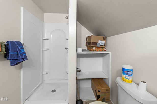 full bath featuring a stall shower, lofted ceiling, and toilet