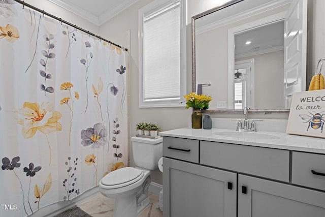 full bathroom featuring marble look tiles, crown molding, toilet, vanity, and recessed lighting