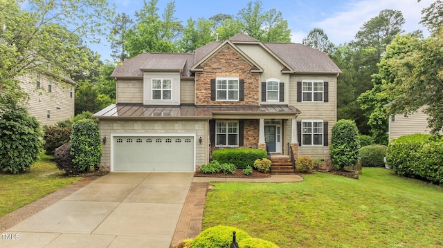 craftsman inspired home with a standing seam roof, concrete driveway, covered porch, a garage, and a front yard