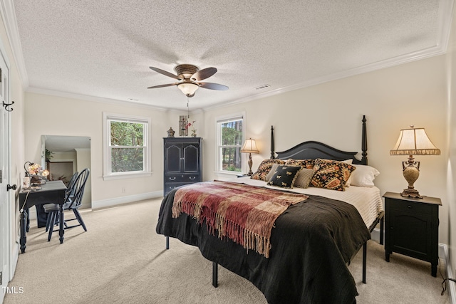 53 Lake Wendell Rd, Wendell, NC 27591 - bedroom featuring light carpet, crown molding, a textured ceiling, and ceiling fan