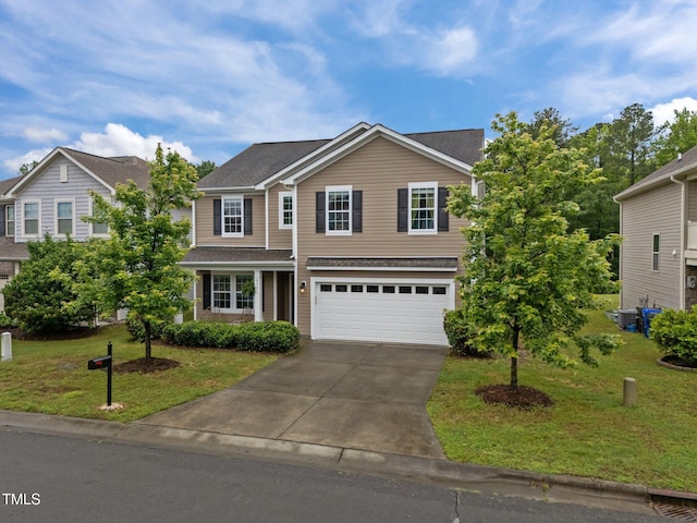 traditional home featuring driveway, a garage, a front lawn, and roof with shingles