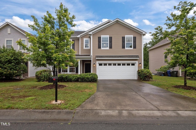 view of front of property featuring a garage, a front lawn, and driveway
