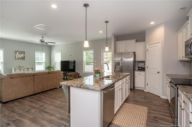 kitchen featuring a sink, appliances with stainless steel finishes, open floor plan, dark wood-type flooring, and recessed lighting
