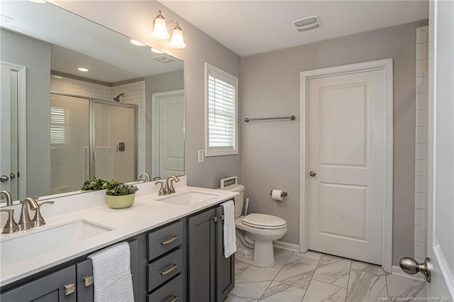 bathroom with a stall shower, marble look tile flooring, toilet, double vanity, and baseboards