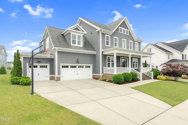 craftsman inspired home featuring covered porch, concrete driveway, a front yard, roof with shingles, and an attached garage