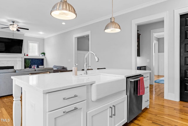 kitchen with stainless steel dishwasher, a sink, ornamental molding, ceiling fan, and light wood-style floors