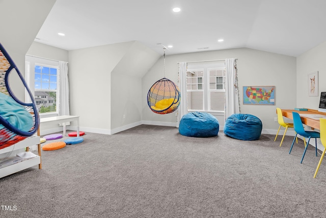 playroom featuring lofted ceiling, baseboards, carpet, and recessed lighting