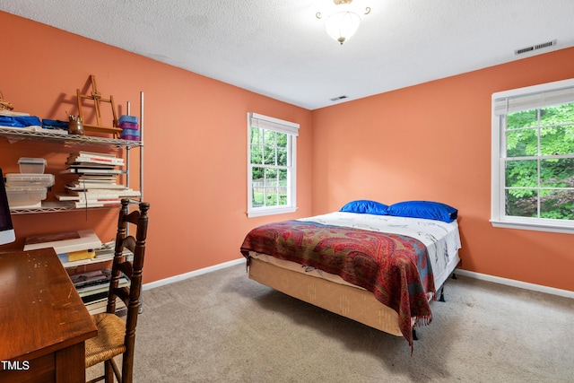 carpeted bedroom with baseboards and a textured ceiling