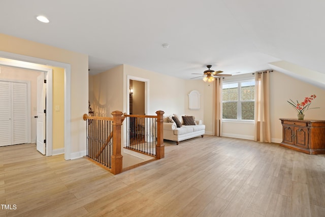 13 Nettletree Creek Ct, Youngsville, NC 27596 - sitting room featuring an upstairs landing, light wood finished floors, ceiling fan, baseboards, and recessed lighting