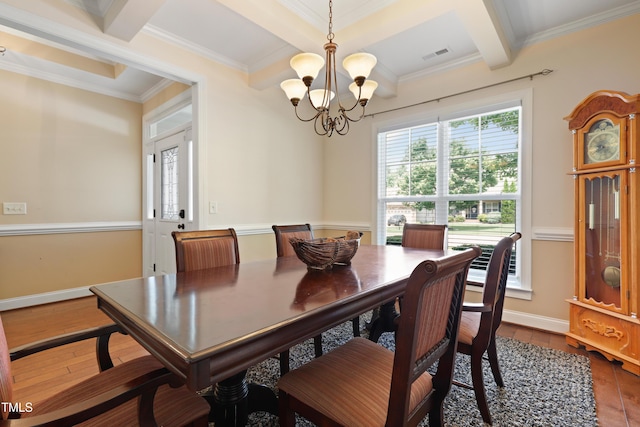 13 Nettletree Creek Ct, Youngsville, NC 27596 - dining room with a chandelier, healthy amount of natural light, ornamental molding, beamed ceiling, and coffered ceiling