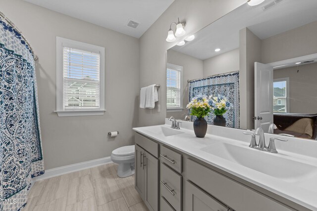 full bath featuring toilet, baseboards, healthy amount of natural light, and double vanity