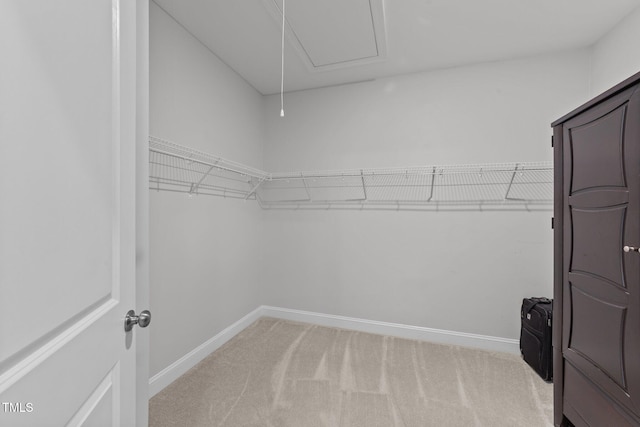spacious closet with light carpet and attic access