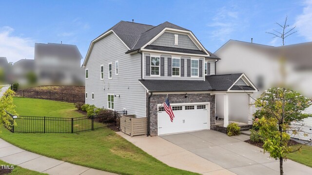 view of front of property with concrete driveway, a garage, stone siding, and roof with shingles