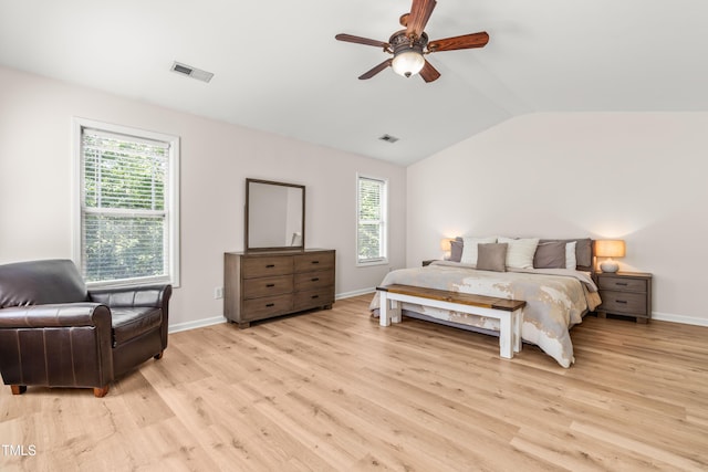 2635 Asher View Ct, Raleigh, NC 27606 - bedroom featuring light wood-style flooring, lofted ceiling, multiple windows, and a ceiling fan