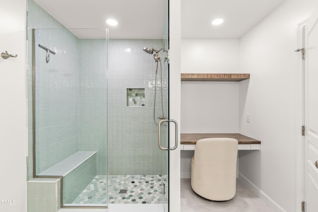 2635 Asher View Ct, Raleigh, NC 27606 - full bathroom featuring tiled shower, baseboards, tile patterned flooring, and recessed lighting
