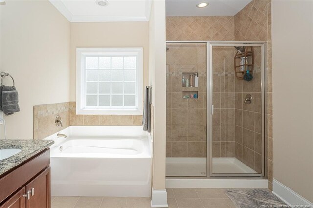 4222 Dock View Rd, Fayetteville, NC 28306 - full bathroom featuring a bath, vanity, a shower stall, and tile patterned flooring