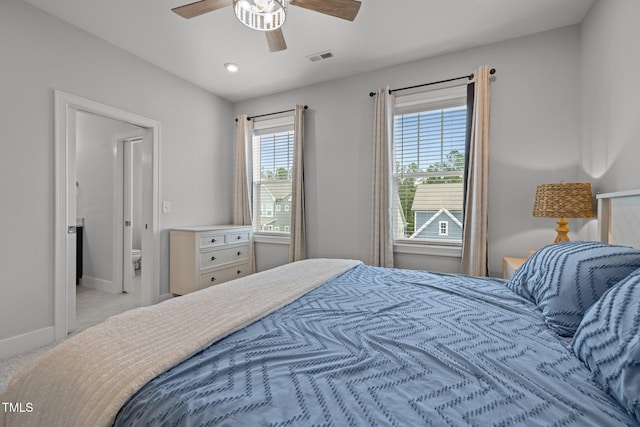 bedroom with baseboards, carpet floors, ceiling fan, and recessed lighting