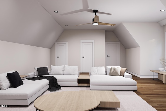 300 Westerman Pl, Smithfield, NC 27577 - living area with wood finished floors, lofted ceiling, a ceiling fan, recessed lighting, and baseboards