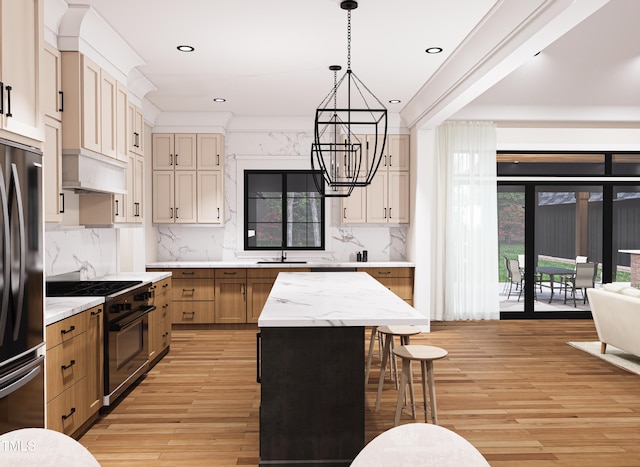 300 Westerman Pl, Smithfield, NC 27577 - kitchen featuring double oven range, freestanding refrigerator, a chandelier, plenty of natural light, and recessed lighting