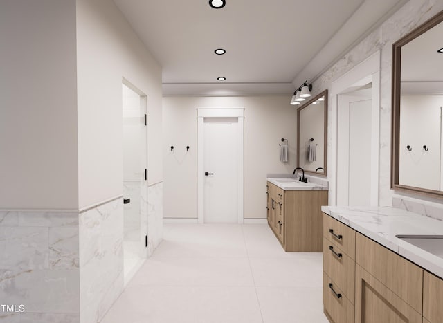 300 Westerman Pl, Smithfield, NC 27577 - full bath with two vanities, tile patterned floors, recessed lighting, and a stall shower