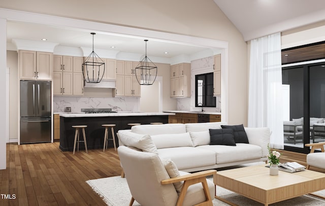 300 Westerman Pl, Smithfield, NC 27577 - living room featuring hardwood / wood-style flooring, vaulted ceiling, recessed lighting, and a chandelier