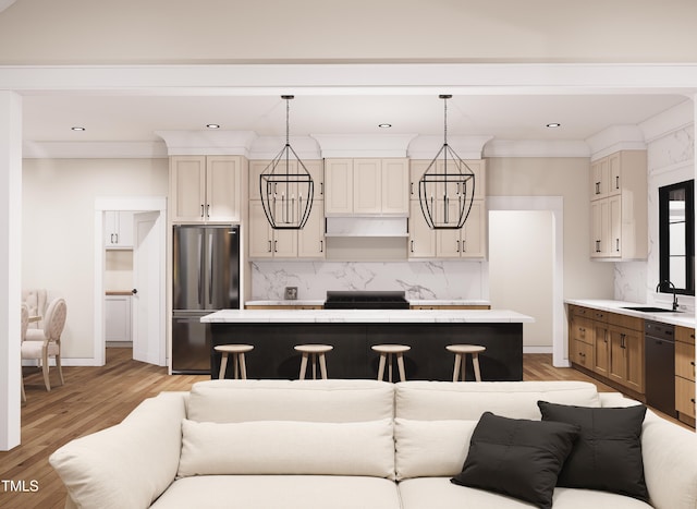 300 Westerman Pl, Smithfield, NC 27577 - kitchen featuring freestanding refrigerator, a sink, black dishwasher, light countertops, and recessed lighting