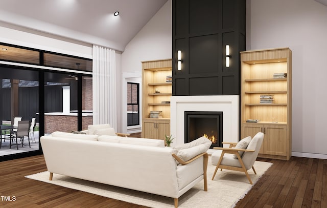 300 Westerman Pl, Smithfield, NC 27577 - living room featuring high vaulted ceiling, dark wood-style floors, and a large fireplace