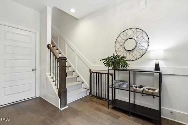 1602 Bowery Dr, Raleigh, NC 27607 - staircase with wood finished floors and recessed lighting