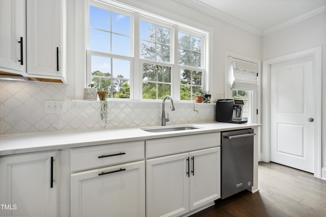1602 Bowery Dr, Raleigh, NC 27607 - kitchen featuring dishwasher, a sink, decorative backsplash, crown molding, and white cabinets