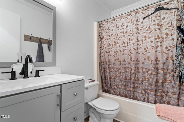 bathroom with crown molding, toilet, vanity, and shower / bath combo