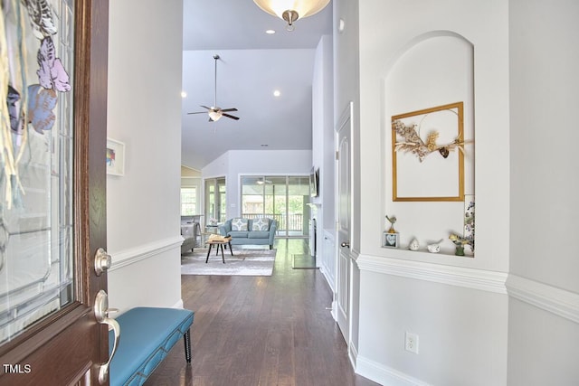 2916 Reynolda Cir, Durham, NC 27712 - entrance foyer with a ceiling fan, high vaulted ceiling, wood finished floors, and recessed lighting
