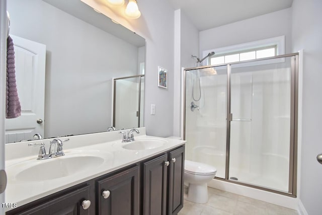 2916 Reynolda Cir, Durham, NC 27712 - bathroom with tile patterned floors, a stall shower, toilet, and double vanity