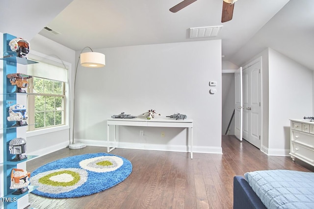 2916 Reynolda Cir, Durham, NC 27712 - bedroom with wood finished floors, lofted ceiling, baseboards, and a ceiling fan