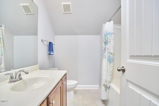 2916 Reynolda Cir, Durham, NC 27712 - full bathroom with lofted ceiling, vanity, toilet, baseboards, and shower / bath combination with curtain