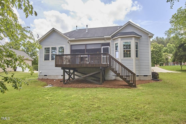 2916 Reynolda Cir, Durham, NC 27712 - rear view of property with crawl space, a deck, a yard, and stairs