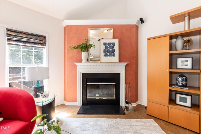 5501 Southern Cross Ave, Raleigh, NC 27606 - tiled living room with a fireplace with flush hearth and baseboards