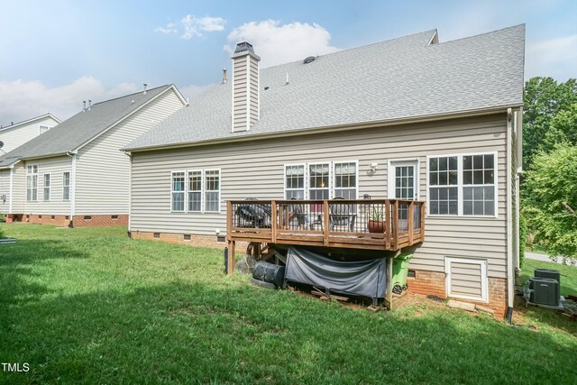 5501 Southern Cross Ave, Raleigh, NC 27606 - back of house with crawl space, a wooden deck, cooling unit, a yard, and a chimney