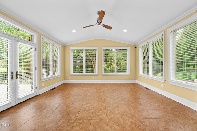 1010 Mill Pointe Way, Elon, NC 27244 - unfurnished sunroom featuring lofted ceiling, tile patterned flooring, ornamental molding, and baseboards