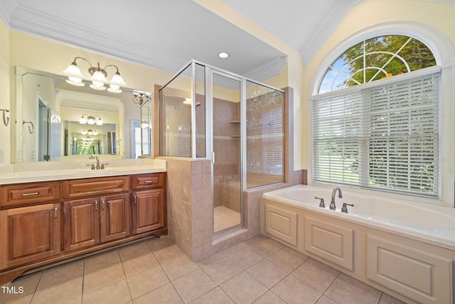 1010 Mill Pointe Way, Elon, NC 27244 - bathroom with crown molding, tile patterned flooring, plenty of natural light, a stall shower, and a garden tub
