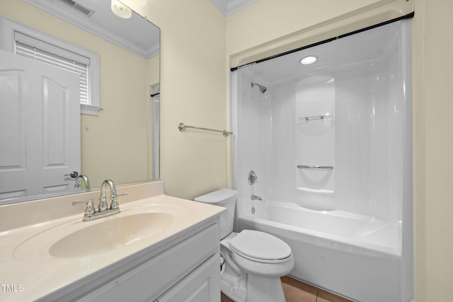 1010 Mill Pointe Way, Elon, NC 27244 - full bathroom featuring toilet, ornamental molding, vanity, tile patterned floors, and bathtub / shower combination