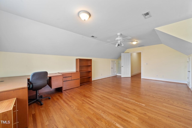 1010 Mill Pointe Way, Elon, NC 27244 - office area with light wood-style flooring, vaulted ceiling, baseboards, and ceiling fan