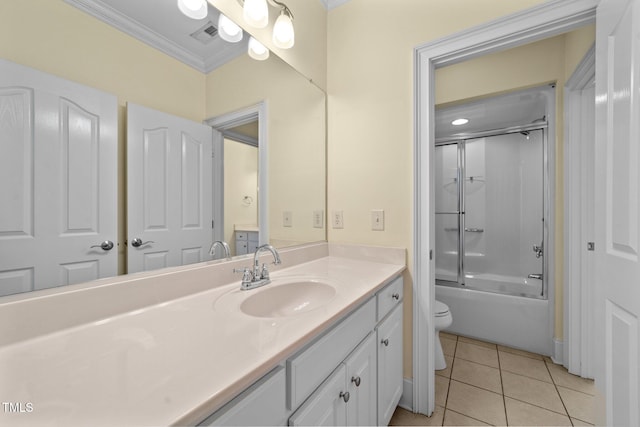 1010 Mill Pointe Way, Elon, NC 27244 - full bathroom featuring crown molding, tile patterned floors, vanity, shower / bath combination with glass door, and toilet