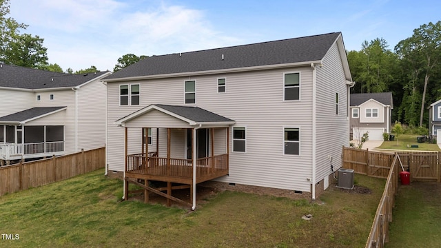 rear view of house featuring crawl space, central AC, and a deck