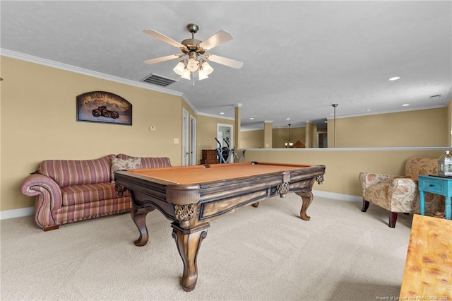 game room with baseboards, pool table, carpet floors, ornamental molding, and recessed lighting