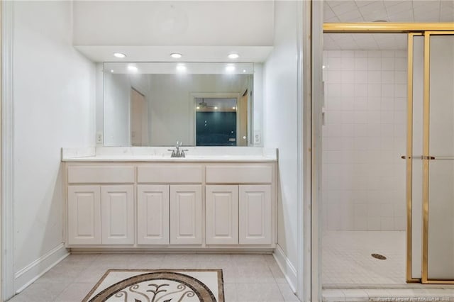 3229 Mcqueen Rd, Red Springs, NC 28377 - full bathroom featuring baseboards, tile patterned floors, a shower stall, vanity, and recessed lighting