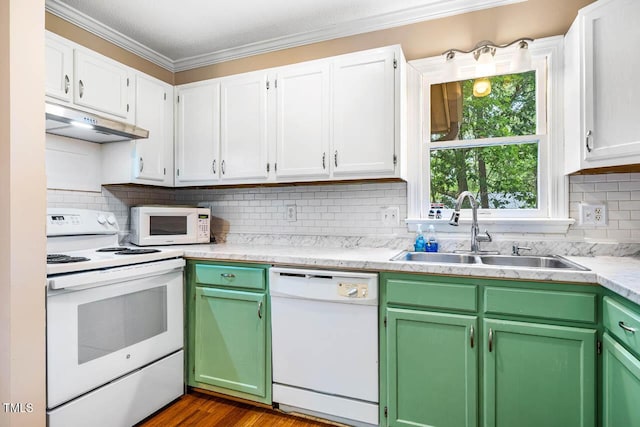 200 W Woodcroft Pkwy Unit 52A, Durham, NC 27713 - kitchen featuring white appliances, under cabinet range hood, light countertops, tasteful backsplash, and crown molding