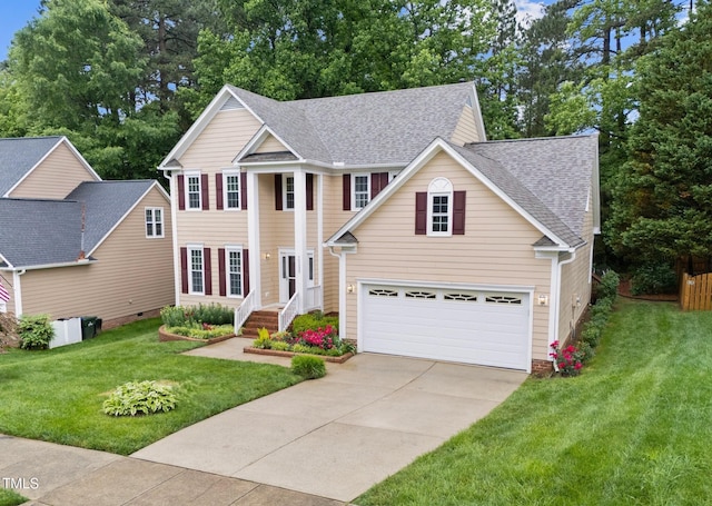 view of front of house with driveway, a shingled roof, a garage, a front yard, and central AC