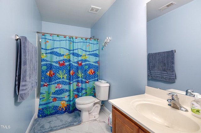 412 Collington Dr, Mebane, NC 27302 - bathroom featuring marble look tiles, toilet, baseboards, a shower with curtain, and vanity